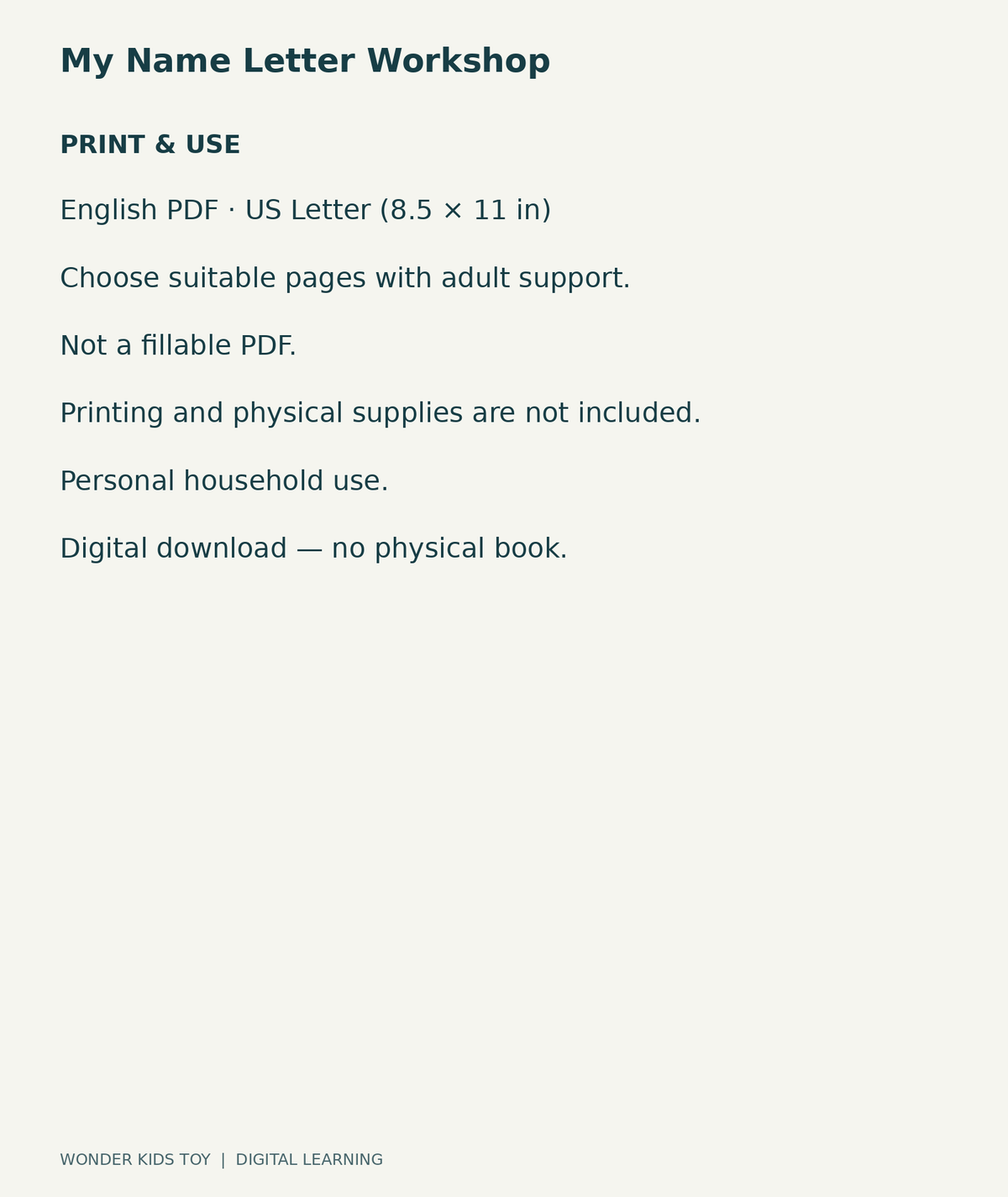 My Name Letter Workshop: US Letter English printable PDF and household-use details