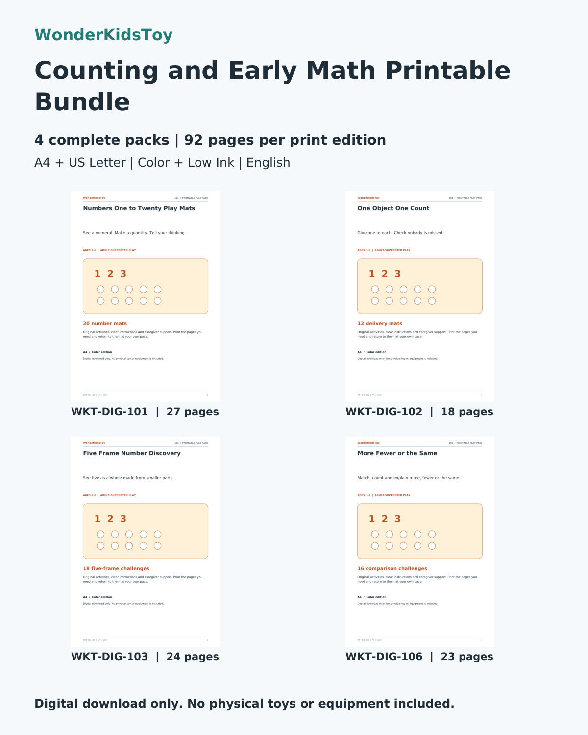 Counting and Early Math Printable Bundle: printable PDF bundle cover showing its four included packs