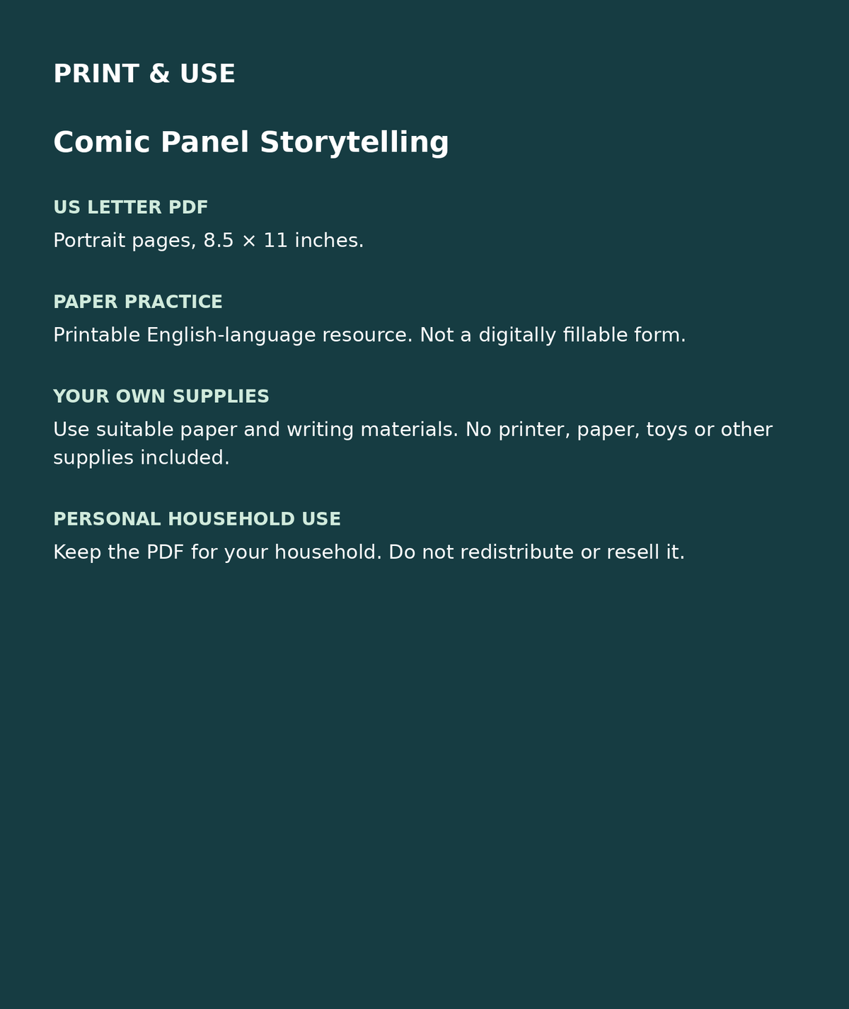 Comic Panel Storytelling: US Letter English printable PDF, not fillable; own supplies required; personal household use