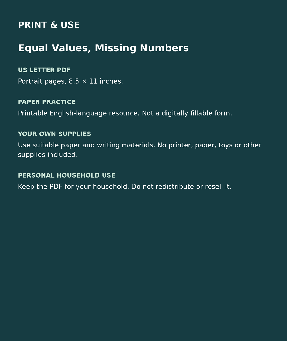 Equal Values, Missing Numbers: US Letter English printable PDF, not fillable; own supplies required; personal household use