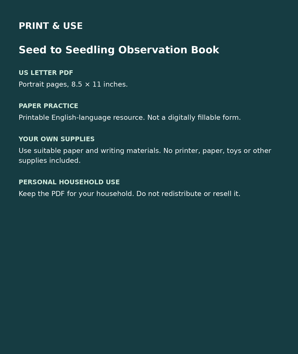 Seed to Seedling Observation Book: US Letter English printable PDF, not fillable; own supplies required; personal household use