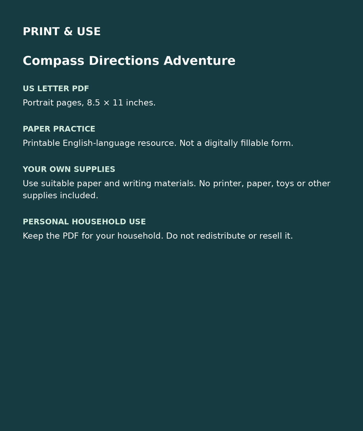Compass Directions Adventure: US Letter English printable PDF, not fillable; own supplies required; personal household use