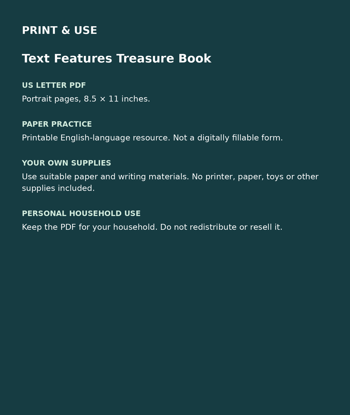 Text Features Treasure Book: US Letter English printable PDF, not fillable; own supplies required; personal household use