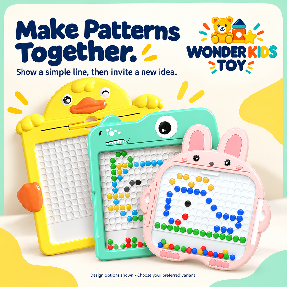 Magnetic bead drawing board designs with Wonder Kids Toy logo and a parent-guided pattern-making activity.