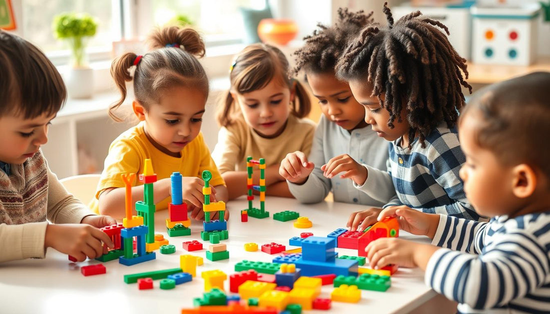 Children playing with colorful STEM building blocks