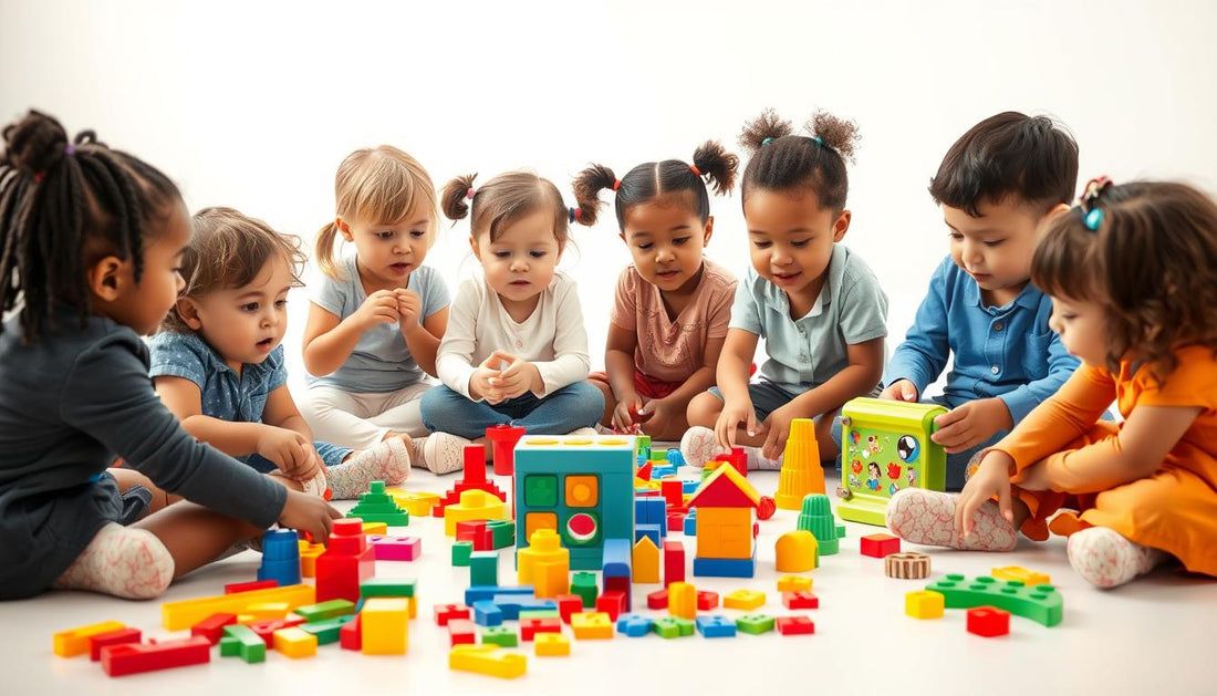 Children playing with colorful learning toys that develop different skills