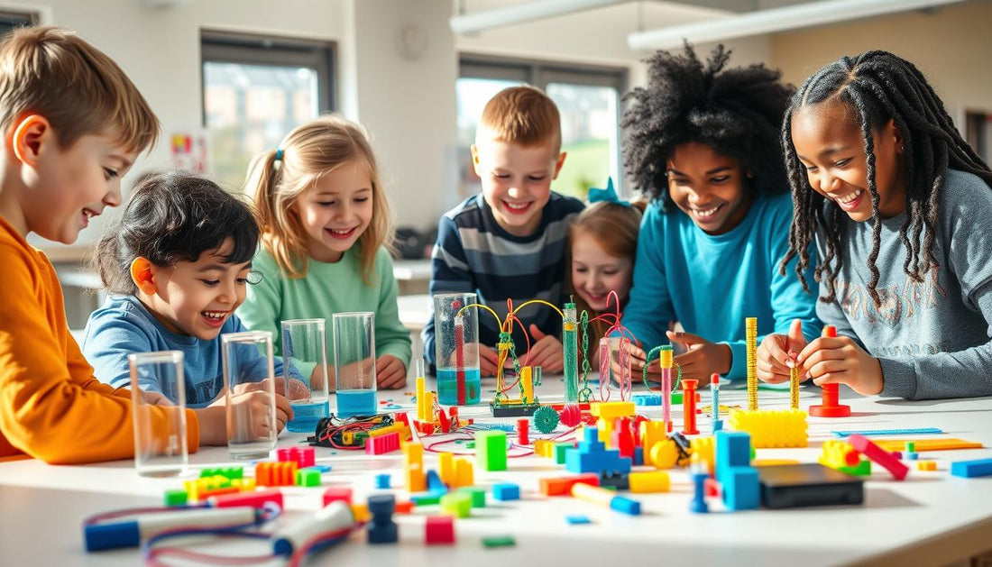 Children engaged with STEM science kits in a classroom setting