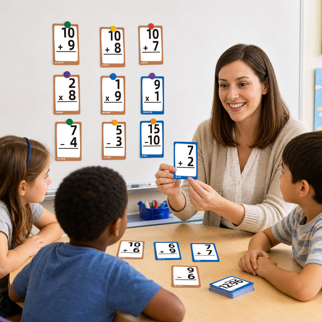 Teacher and children using arithmetic flash cards for math practice