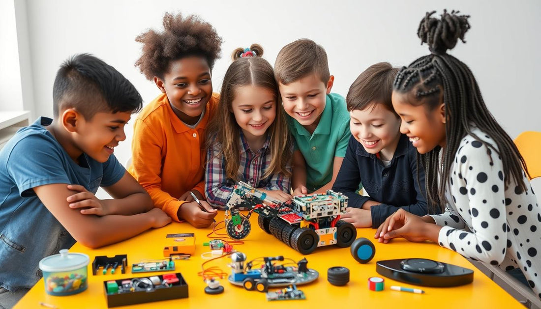 Children building a robot kit together, showcasing STEM learning through robotics
