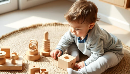 Toddler playing with wooden Montessori toys on a natural play mat