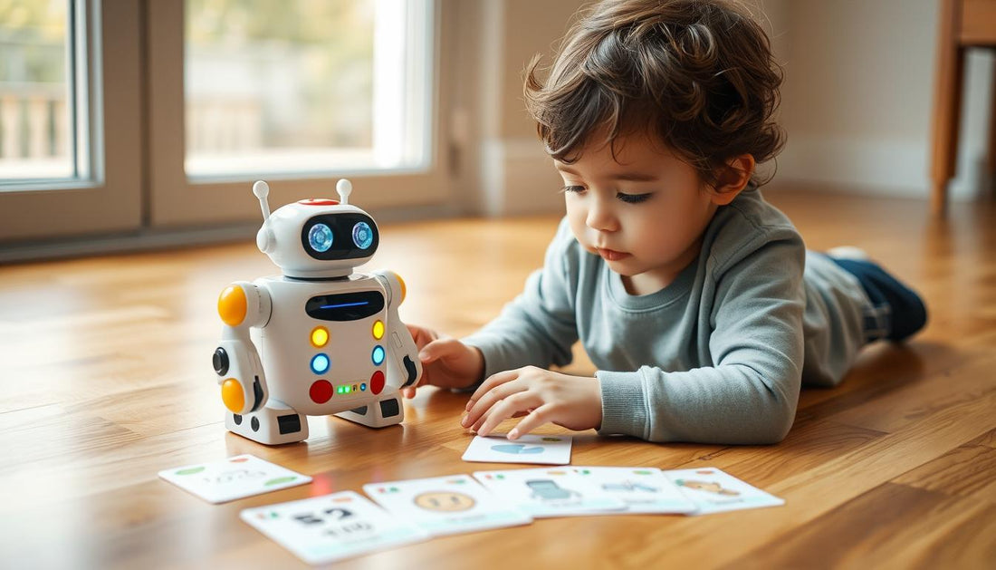 Child playing with interactive coding robot toy