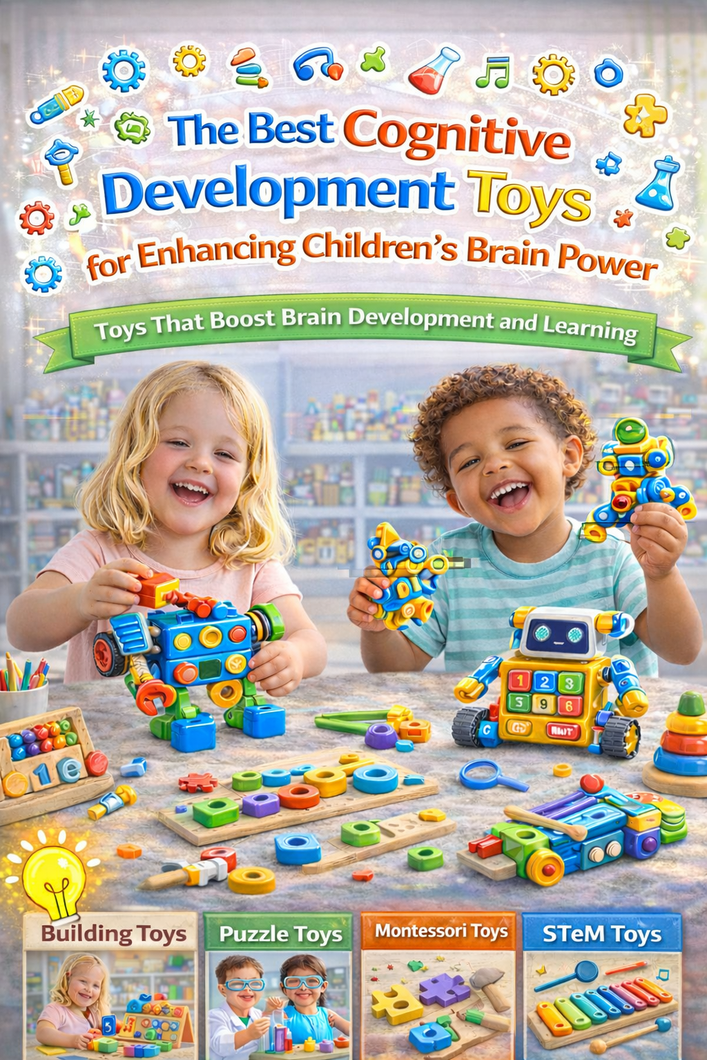 Cognitive development toys for kids including puzzles, building toys and learning games