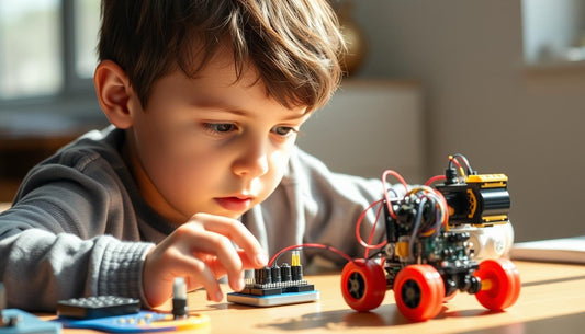 Child working with advanced engineering toy with circuit boards and programming interface
