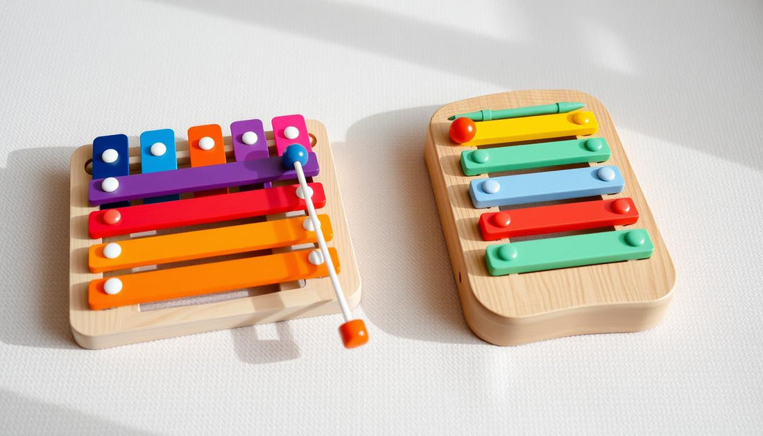 A colorful wooden xylophone toy and a melodica side by side on a play mat