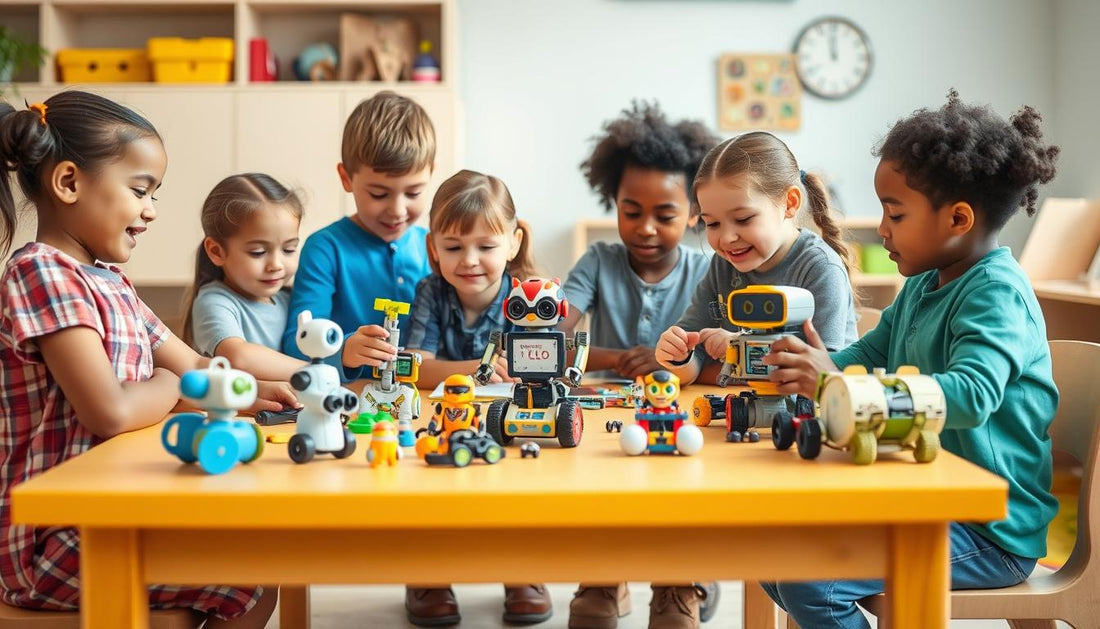 Children playing with various robotic toys for kids on a colorful play table