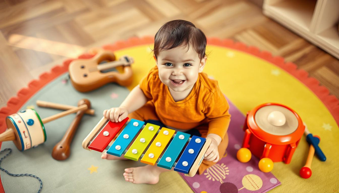 Toddler playing with colorful toy musical instruments including a xylophone and small drum