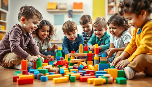 Young children playing with colorful educational building blocks toys