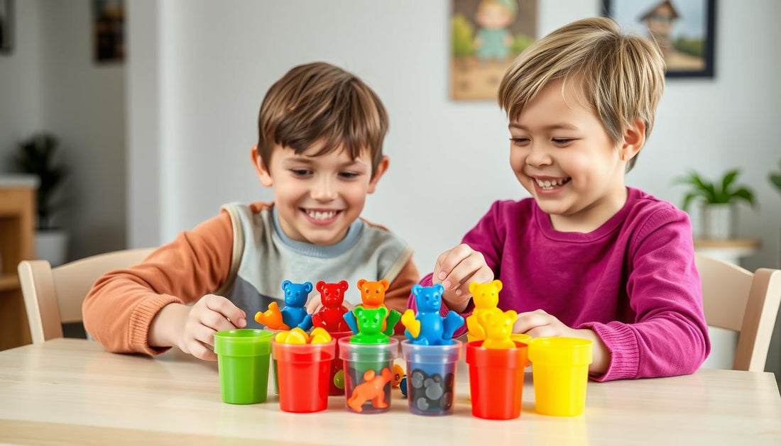 Children playing with colorful counting bears and sorting cups