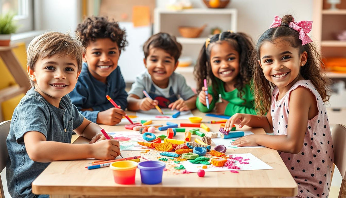 Children engaged with various art and craft toys, developing creativity and fine motor skills