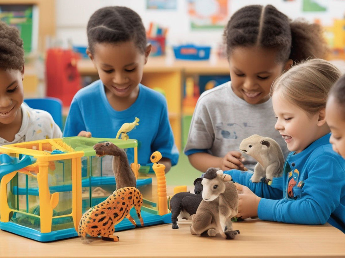 children playing with animal science educational toys in a classroom setting