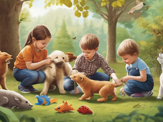 children playing with animal science educational toys in nature