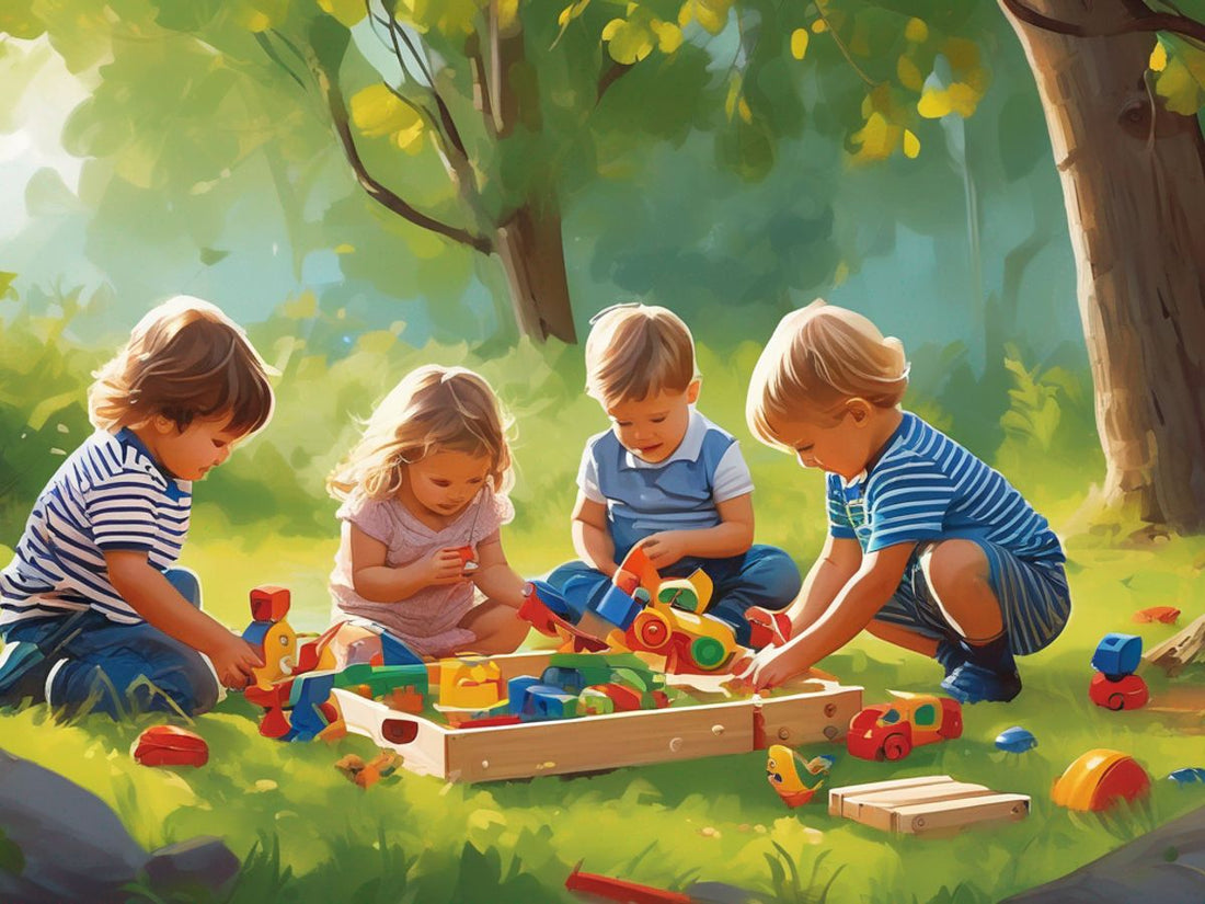 preschool children playing with educational toys in nature