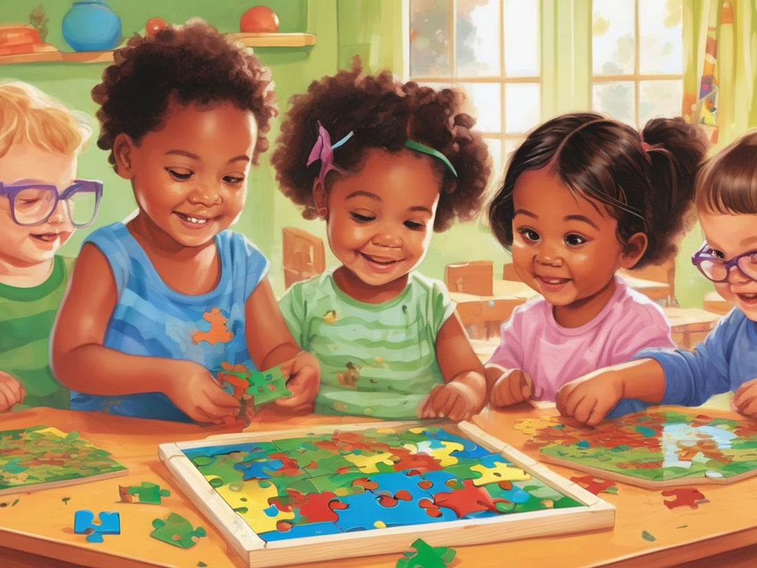 preschool children playing with educational puzzles