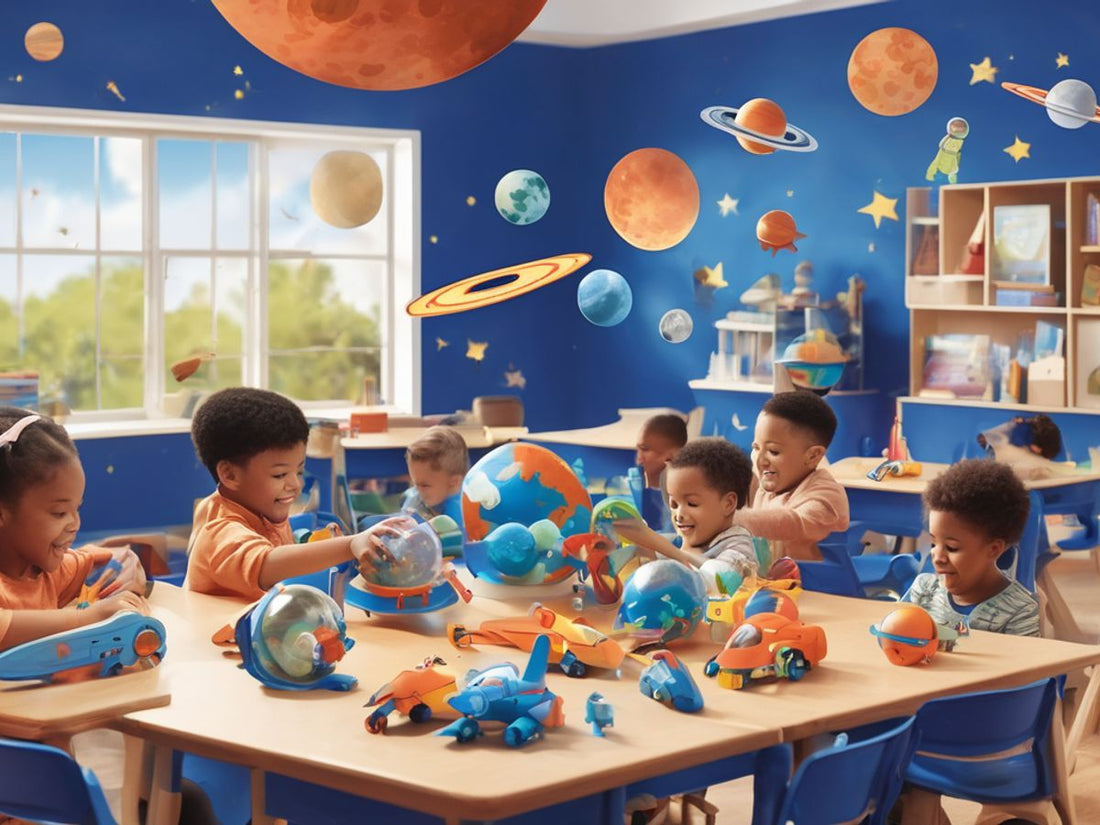 children playing with space-themed educational toys in a classroom setting