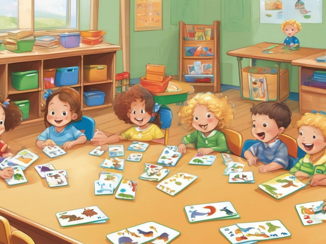children using preschool learning flashcards in a classroom