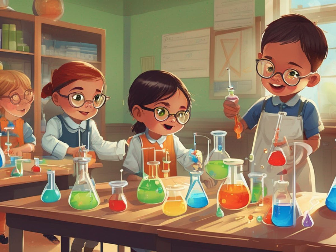 children experimenting with chemistry set in a classroom