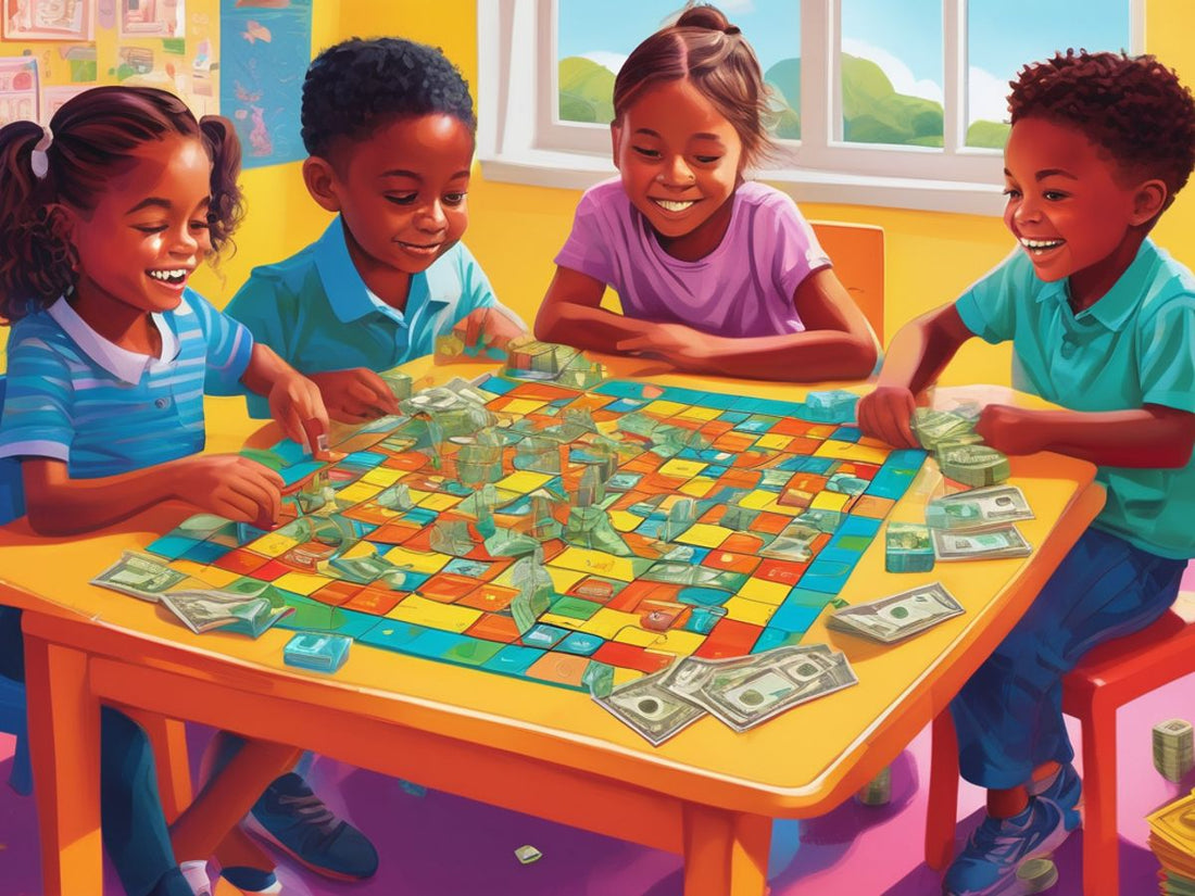 children playing board games about money and finance in a colorful classroom