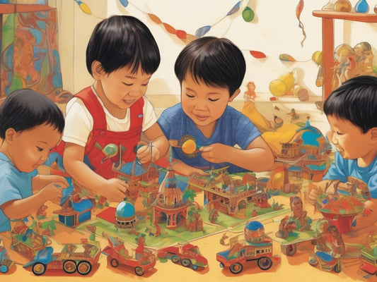 children playing with educational toys representing different world cultures