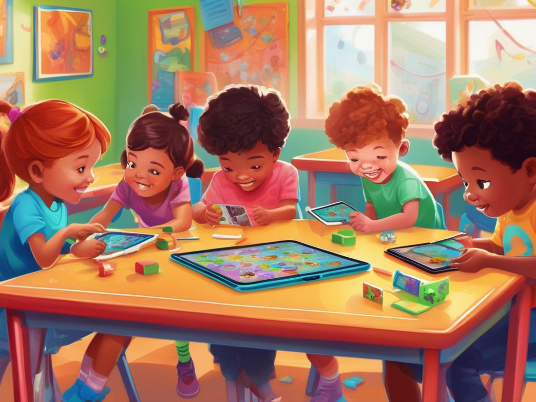 children playing educational games on iPad in a colorful classroom setting