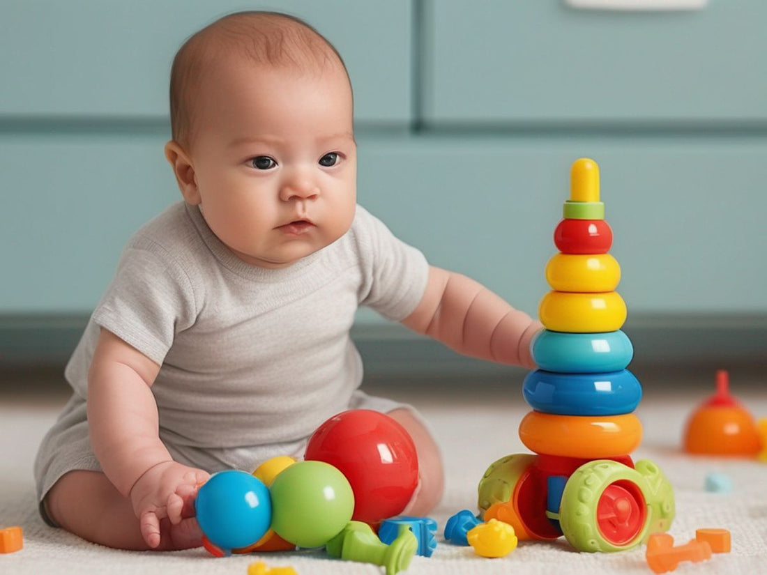 newborn baby playing with early development toys