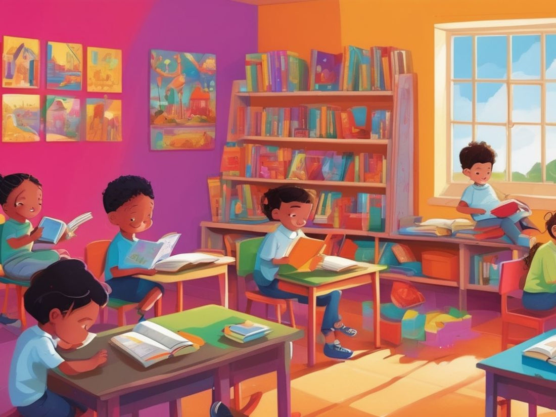 children reading books in a colorful classroom