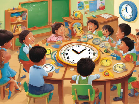children learning to tell time in a classroom with clocks and teaching materials