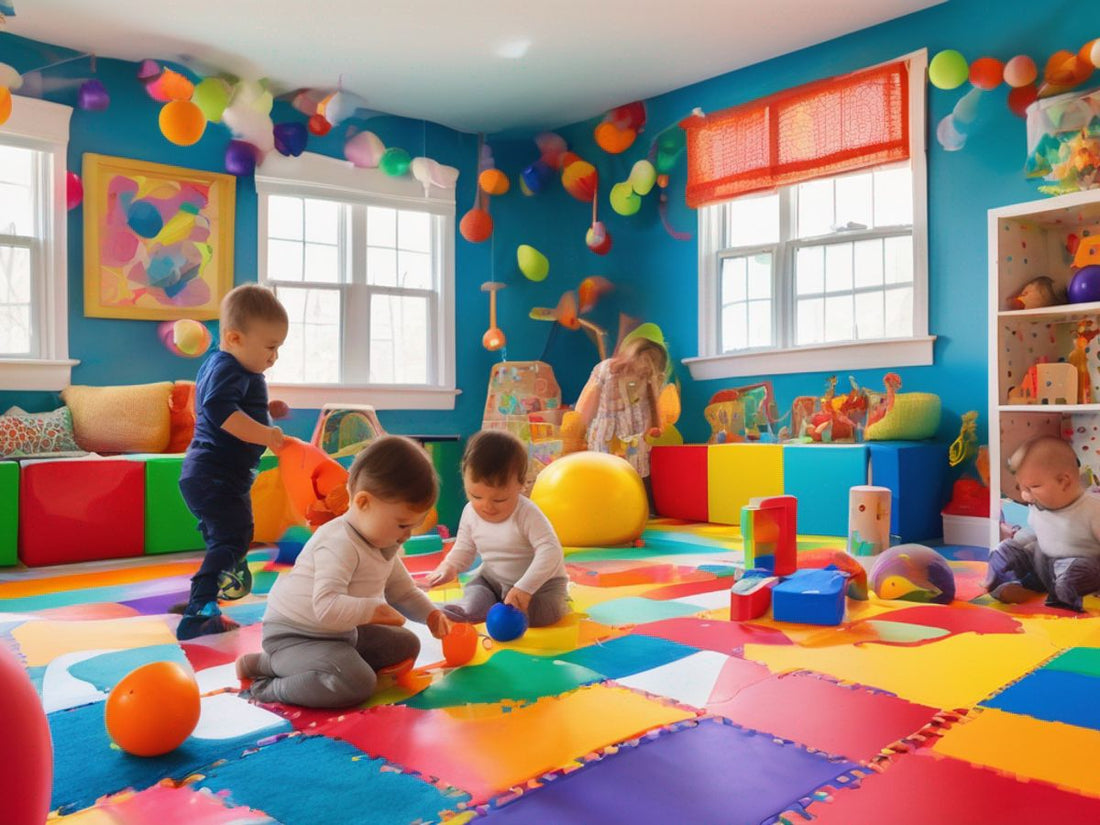 infants playing with sensory toys in a colorful playroom