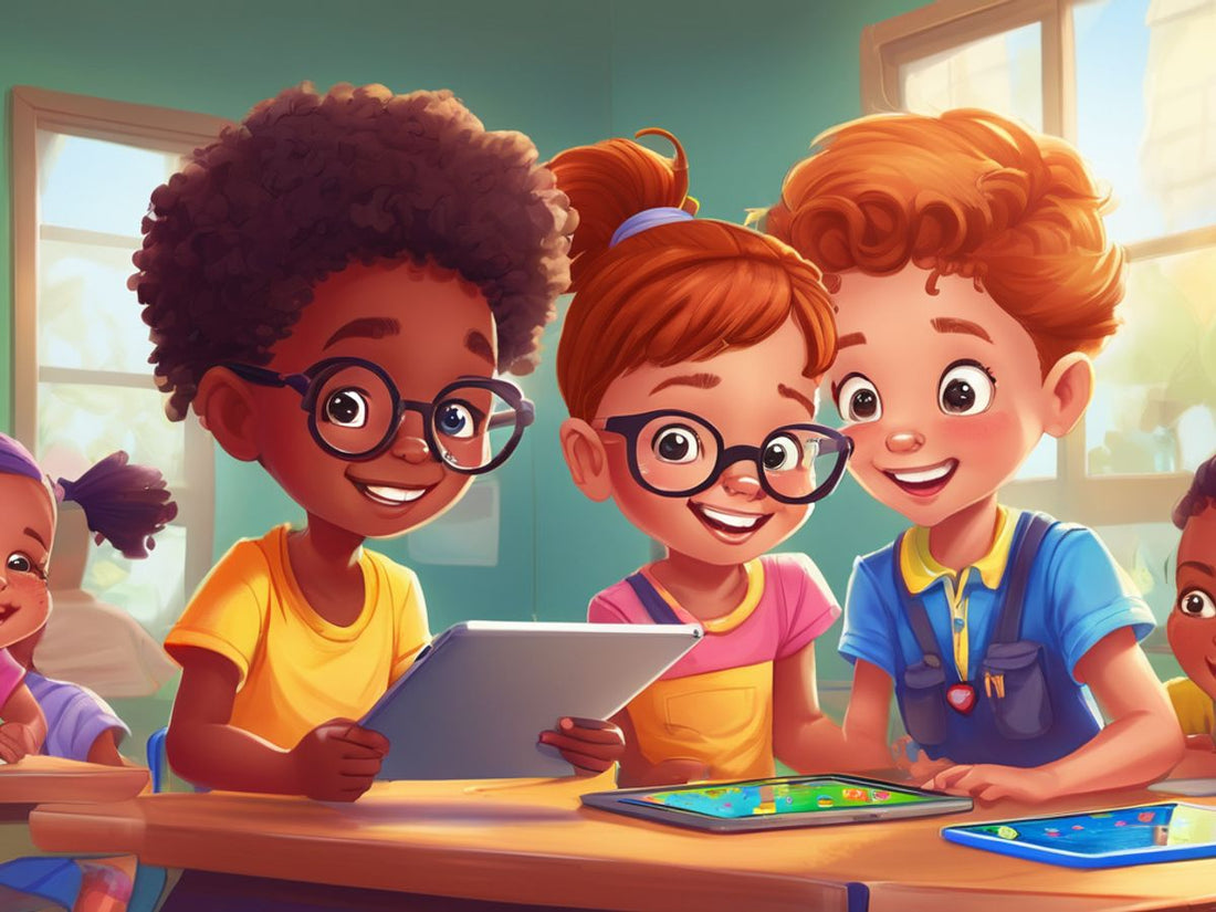 children playing educational games on iPad in classroom
