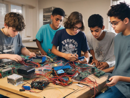 teenagers building electronics kits