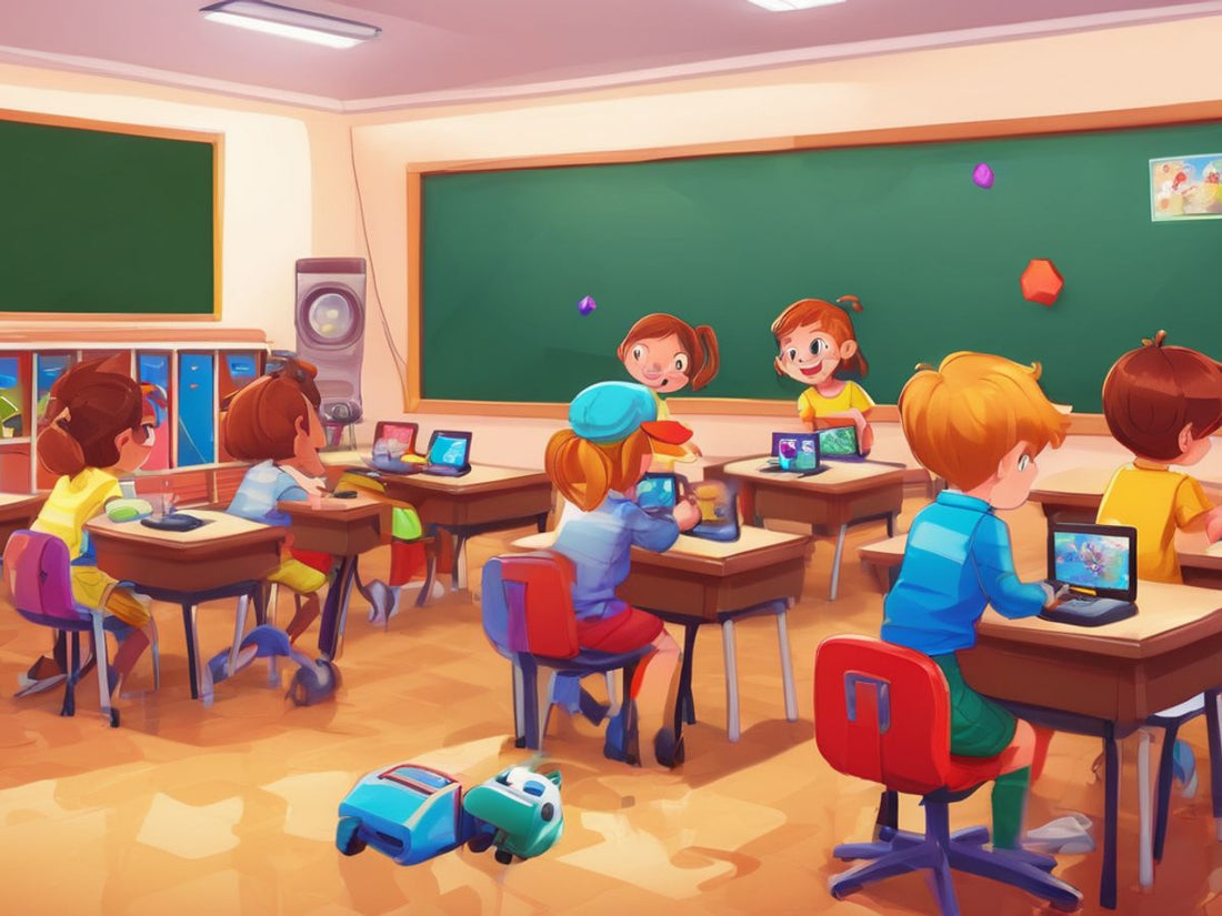children playing educational video games in classroom