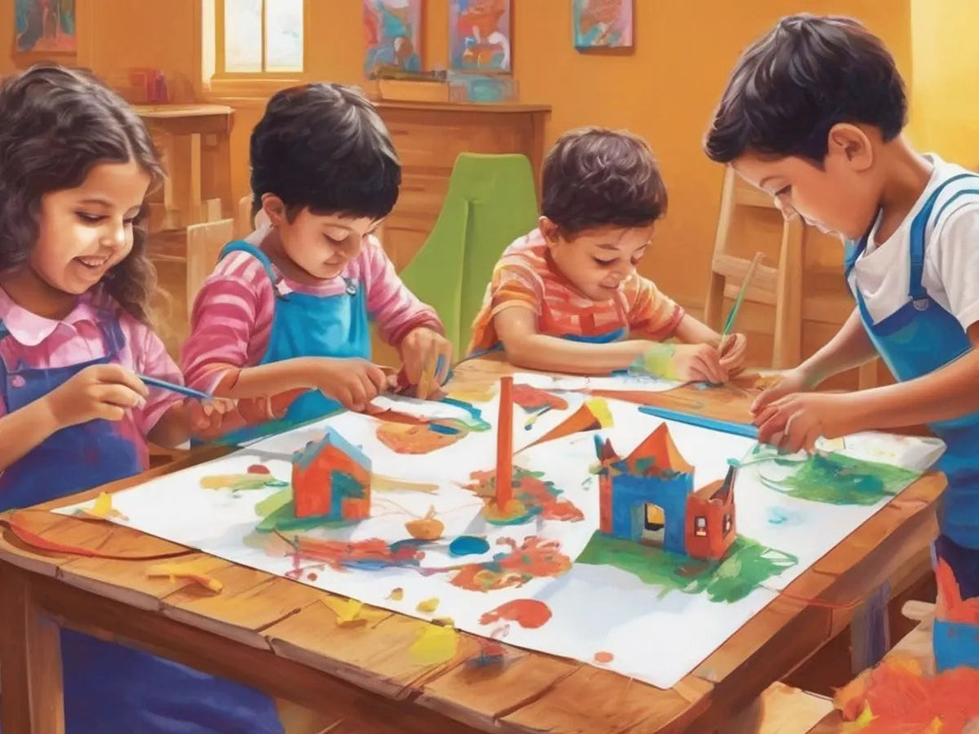 Illustration of children building paper houses and making crafts at a table