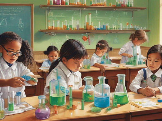 children using chemistry sets in a classroom