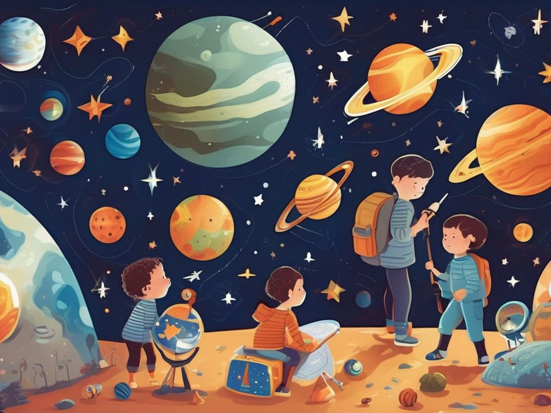 children exploring the universe with astronomy toys, stars, planets, telescopes, and space illustrations