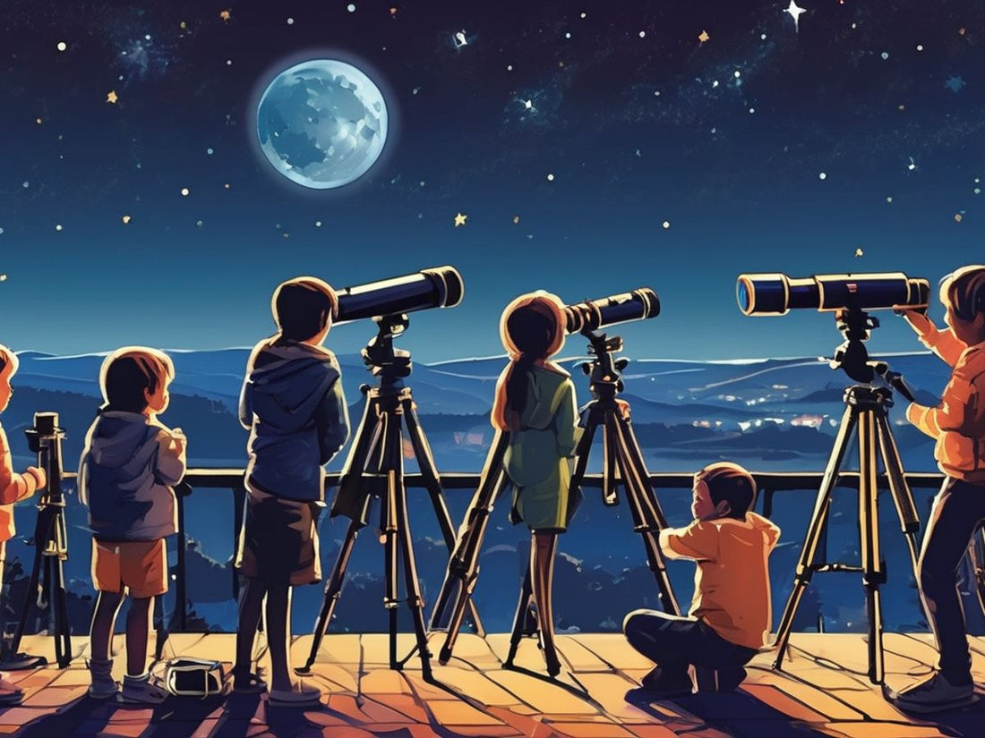 children using telescopes night sky
