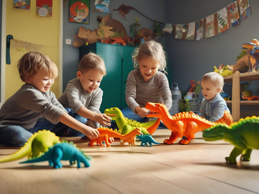 children playing with dinosaur toys in a creative learning environment