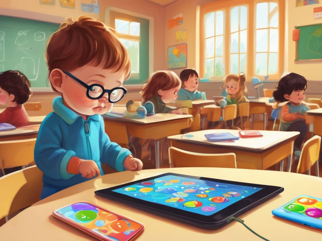 toddler using tablet with learning apps in a classroom