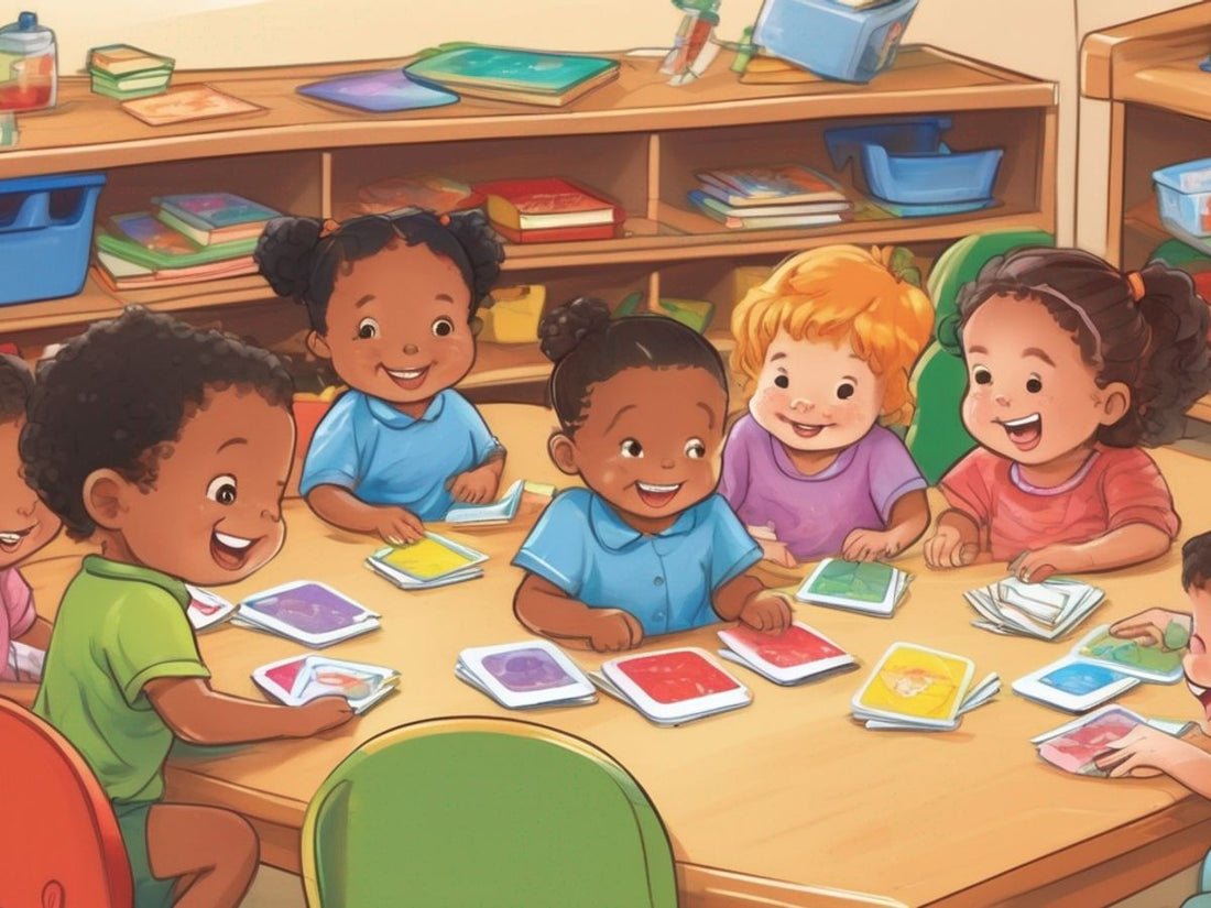 children using flashcards in a preschool classroom