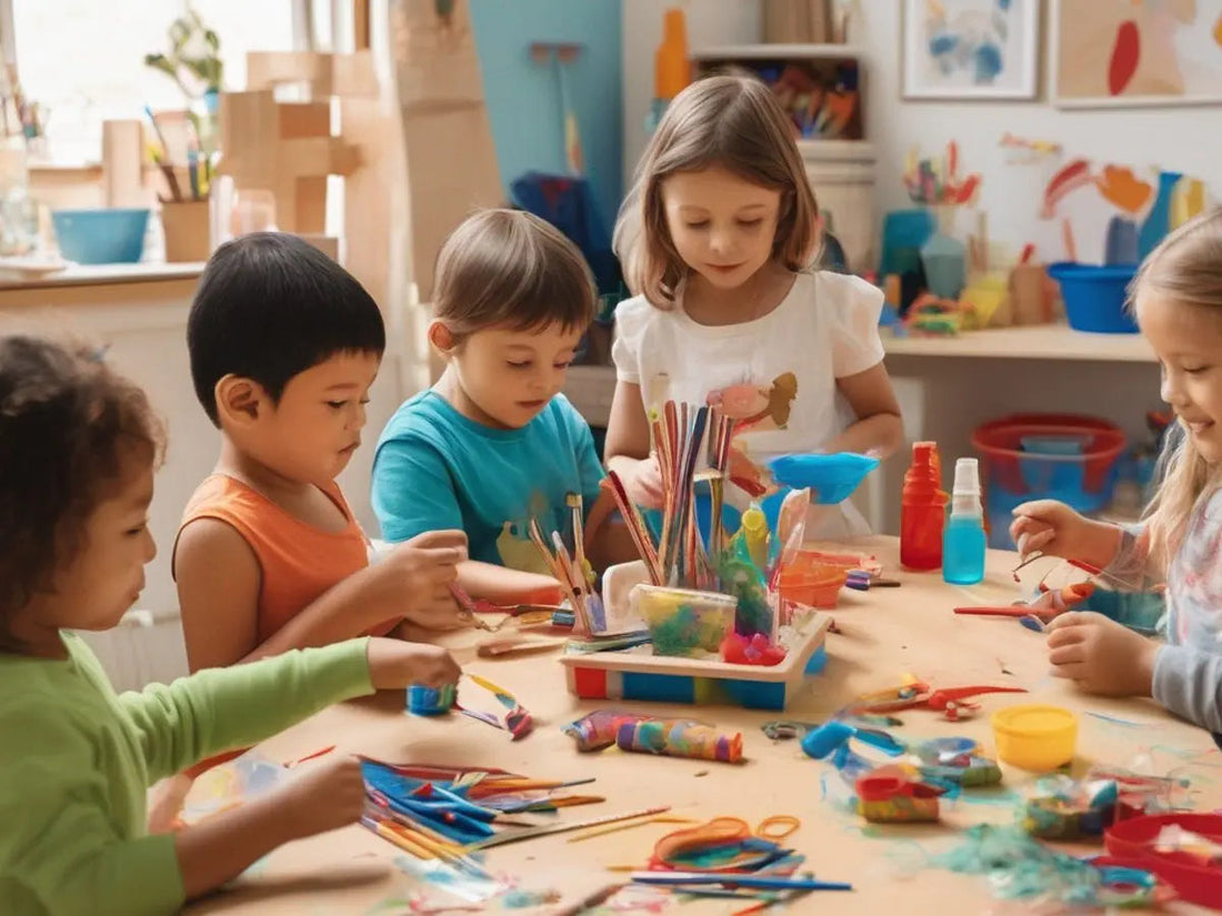Children making screen-free craft projects with paper, pencils and craft materials