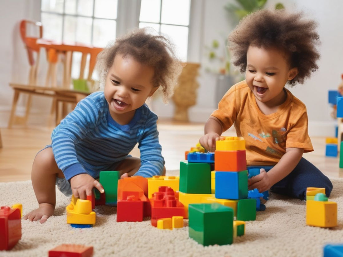 toddlers playing with building blocks in a playroom