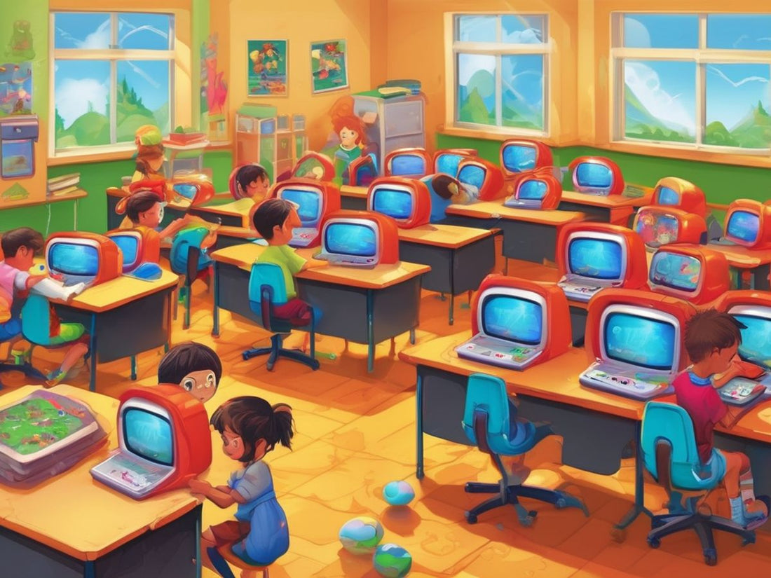 children playing educational video games in a classroom